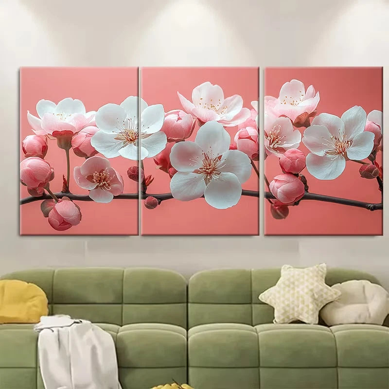 3pcs Delicate Pink White Blossom Branch Metal Print Ready to Hang Art
