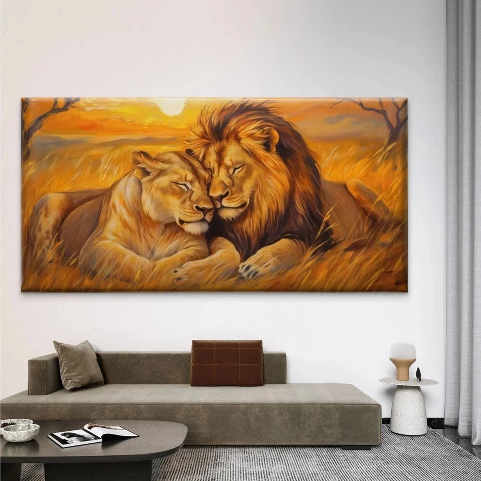 Romantic Lion Couple Wall Art Canvas Office Home Room Framed 120x60cm