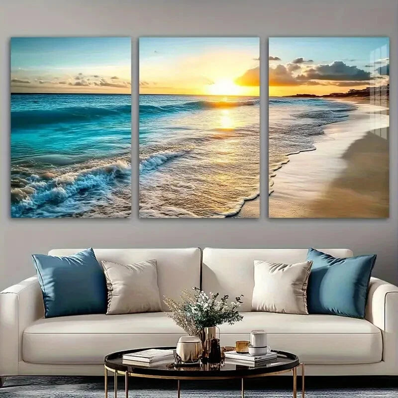 3pcs Sunset Beach Vibrant Nature Metal Print Ready to Hang Art
