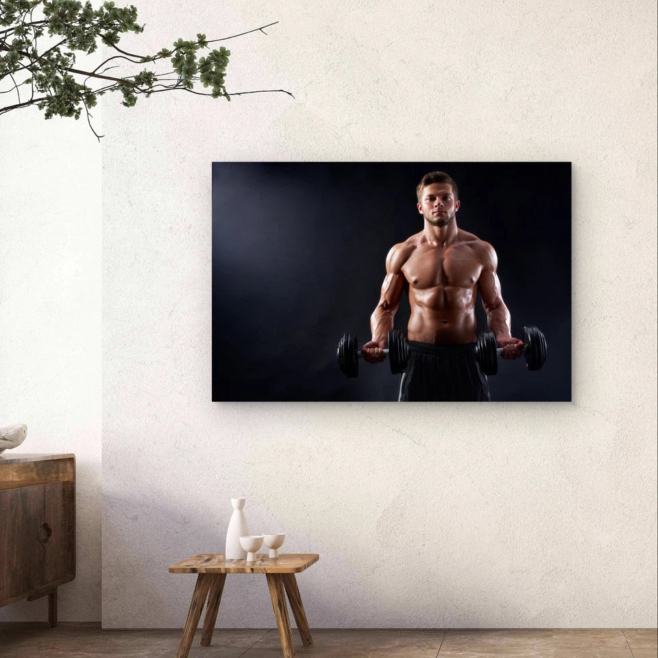 Muscular Athlete Holding Dumbbells 5mm Plastic Poster Ready to Hang 90x60cm