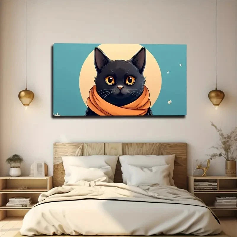 Stylish Black Cat Wall Art Canvas Office Home Room Framed 120x60cm