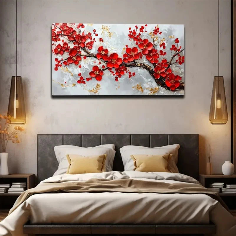 Vibrant Red Blooms And Golden Wall Art canvas office home room framed 120x60cm
