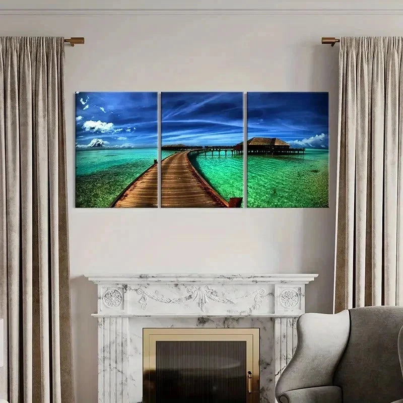 3pcs Sea View Cabin Bridge Landscape Wall Art Set Canvas Framed 50x70cm - High Quality Print 100% Australian Made Wall Canvas Ready to Hang