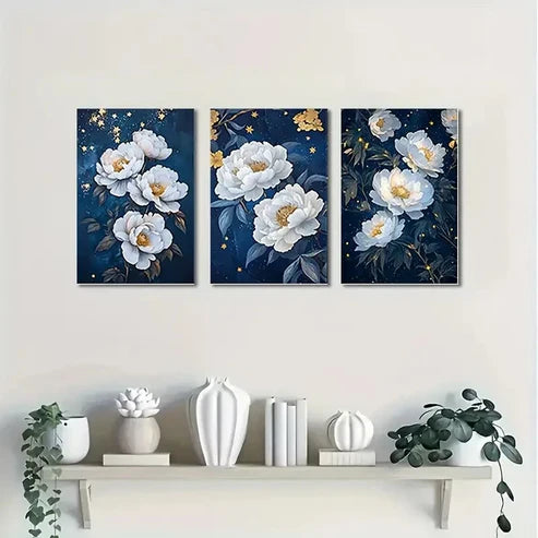 3pcs White Golden Flower Decor Wall Art Set Canvas Unframed - High Quality Print 100% Australian Made Wall Canvas - Bella Home Decor
