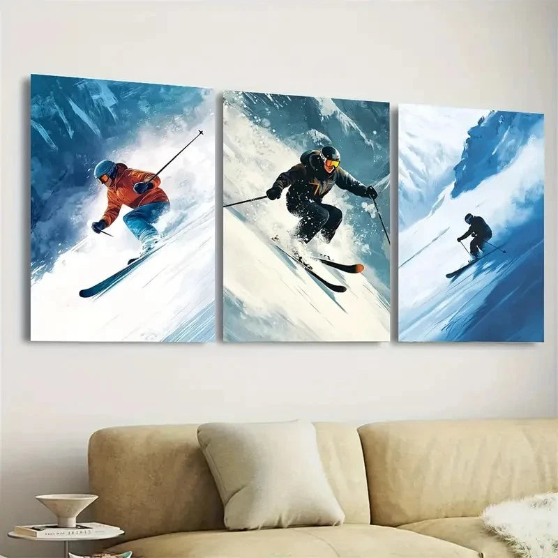 3pcs Dynamic Skiers in an Alpine Wall Art Set Canvas Framed 50x70cm - High Quality Print 100% Australian Made Wall Canvas Ready to Hang - Bella Home Decor