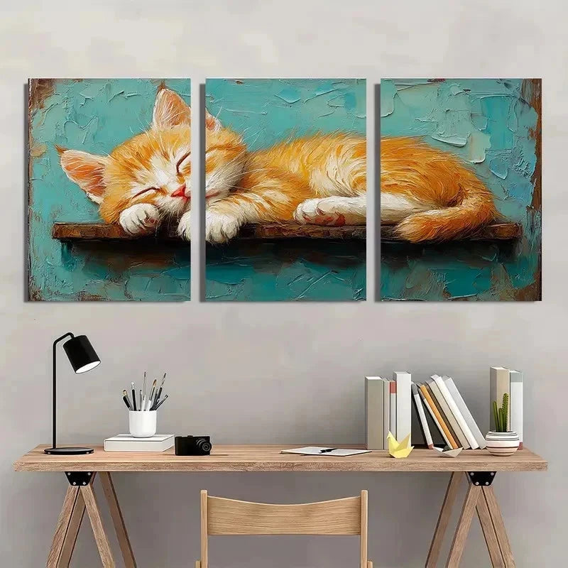 3pcs Orange Kitten Stretching Animal Perfect Wall Art Set Canvas Framed 50x70cm - High Quality Print 100% Australian Made Wall Canvas Ready to Hang