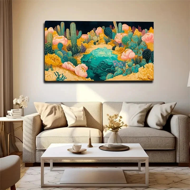 Colorful Cactus Artwork Bar Wall Art Canvas Office Home Room Framed 120x60cm