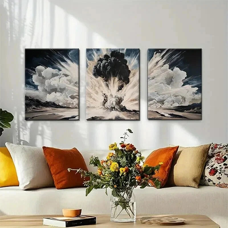 3pcs Dramatic Smoke Blast Black & White Perfect Wall Art Set Canvas Framed 50x70cm - High Quality Print 100% Australian Made Wall Canvas Ready to Hang