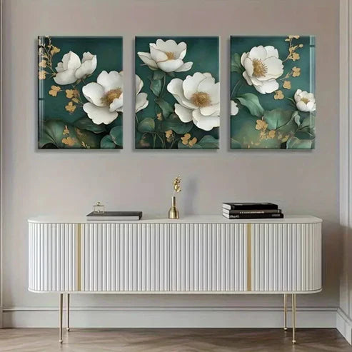 3pcs White Magnolia Flowers with Golden Perfect Wall Art Canvas Unframed – High Quality Print 100% Australian Made Wall Canvas