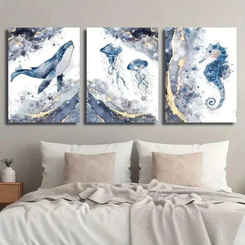 3pcs Blue & Golden Whale Jellyfish Seahorse Wall Art Set Canvas Unframed - High Quality Print 100% Australian Made Wall Canvas - Bella Home Decor