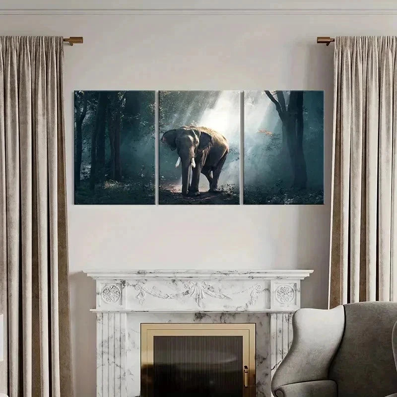 3pcs Elephant in Enchanted Forest Landscape Wall Art Set Canvas Framed 50x70cm - High Quality Print 100% Australian Made Wall Canvas Ready to Hang
