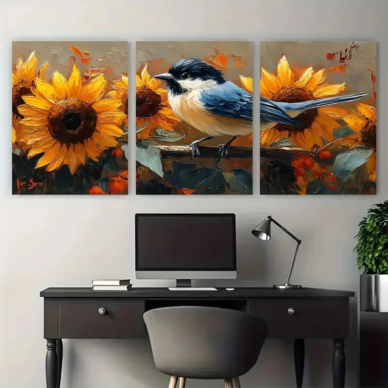 3pcs Chickadee Painting Sunflowers Wall Art Set Canvas Framed 50x70cm - High Quality Print 100% Australian Made Wall Canvas Ready to Hang - Bella Home Decor