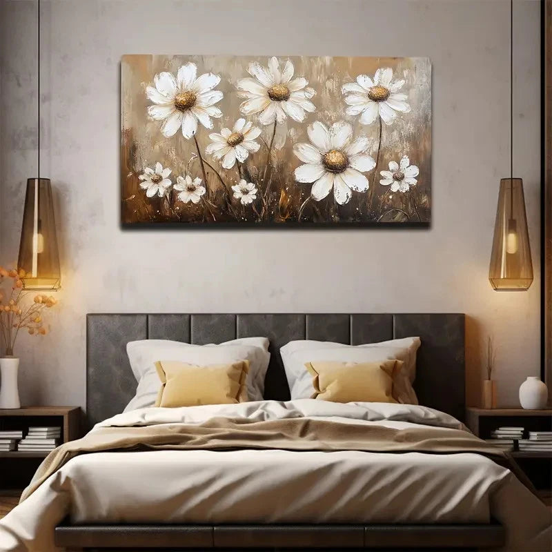 Vibrant White Daisies Golden Wall Art canvas office home room framed 120x60cm - Bella Home Decor