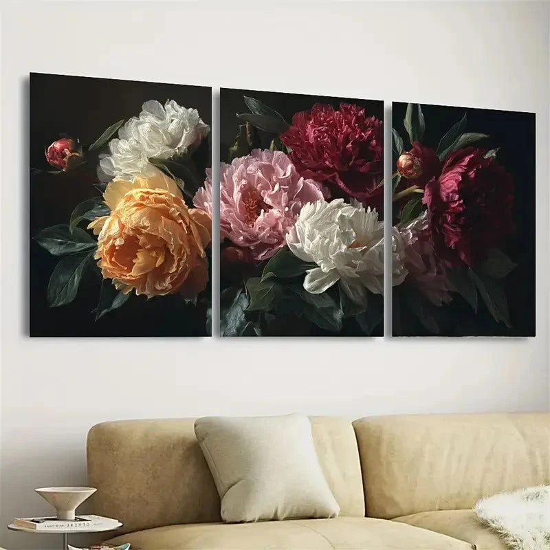 3pcs Rustic Vintage Moody Peonies Floral Art Wall Art Set Canvas Framed 50x70cm - High Quality Print 100% Australian Made Wall Canvas Ready to Hang