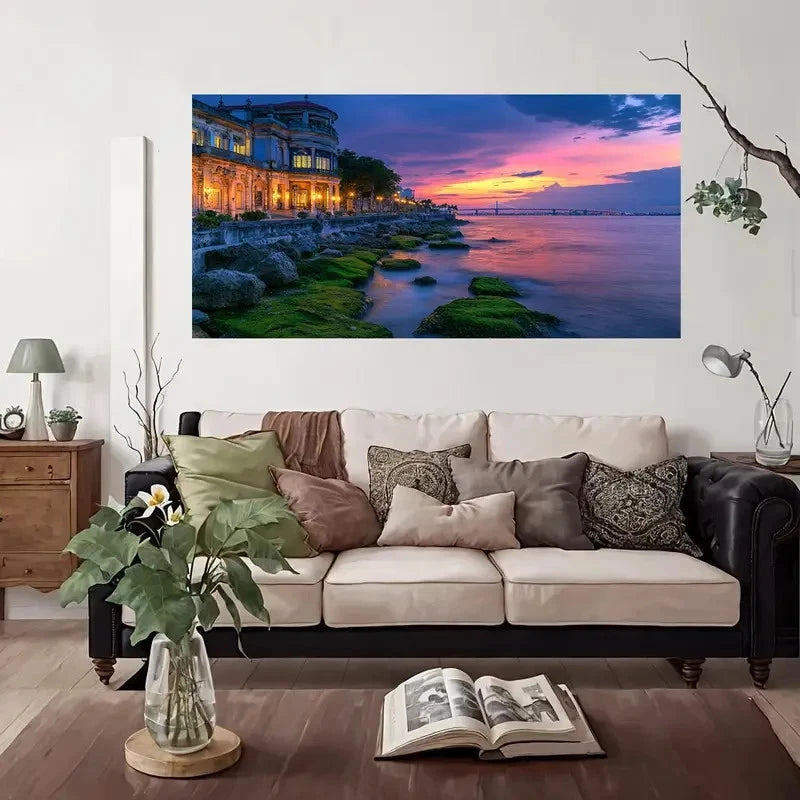 Coastal Sunset Modern Wall Art Canvas Office Home Room Framed 120x60cm