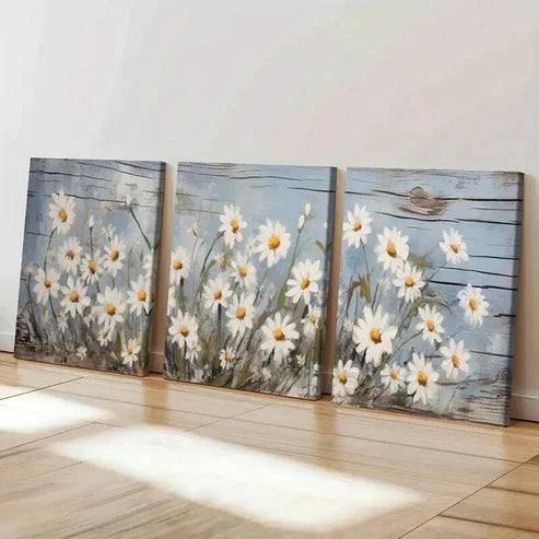 3pcs Blue Background with White & Yellow Petals Wall Art Set Canvas Unframed - High Quality Print 100% Australian Made Wall Canvas - Bella Home Decor