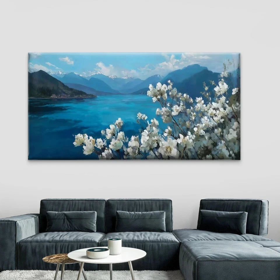 Mountain & White Flower LandscaWall Art Canvas Office Home Room Framed 120x60cm