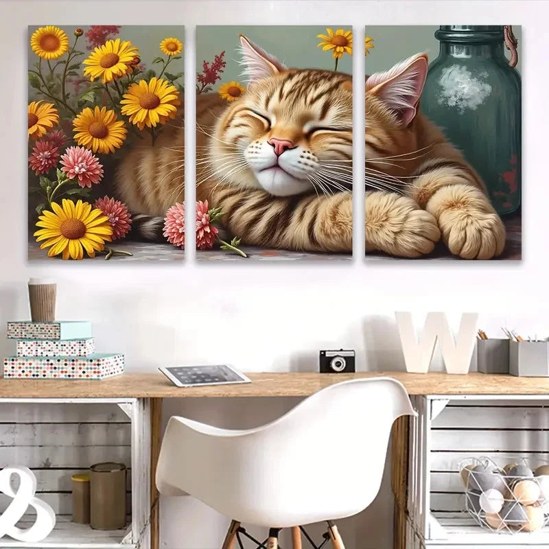 3pcs Sleeping Cat Artwork Wall Art Set Canvas Framed 60x90cm - High Quality Print 100% Australian Made Wall Canvas Ready to Hang