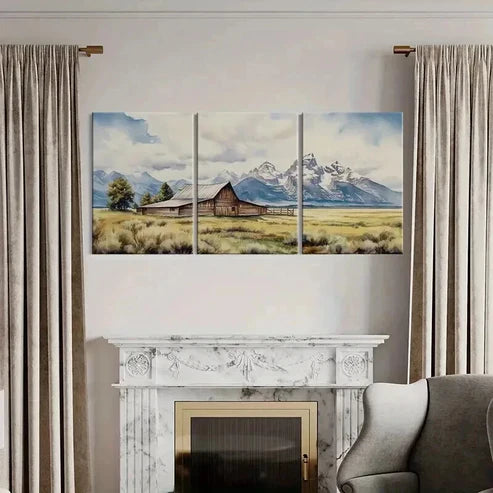 3pcs Mountain Barn Rustic Landscape Snowy Peak Wall Art Canvas Unframed - High Quality Print 100% Australian Made Wall Canvas