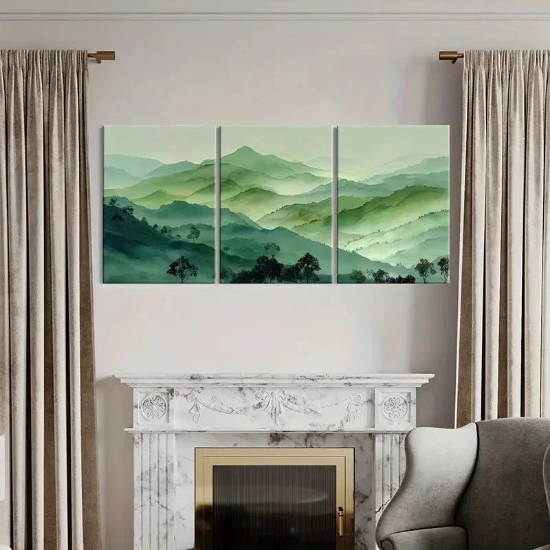 3pcs Mountain Landscape, Green Hills Wall Art Set Canvas Framed 50x70cm - High Quality Print 100% Australian Made Wall Canvas Ready to Hang - Bella Home Decor