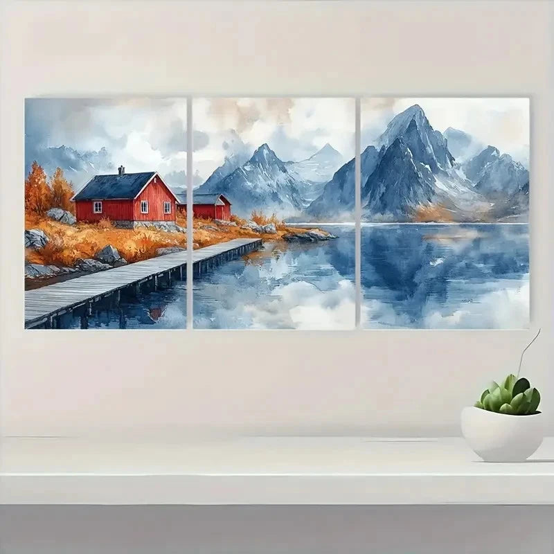 3pcs Norwegian Landscape Scandinavian GF Wall Art Set Canvas Framed 60x90cm - High Quality Print 100% Australian Made Wall Canvas Ready to Hang