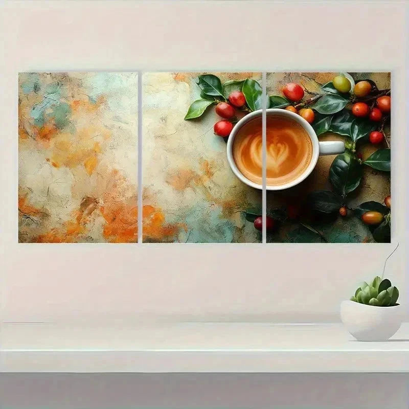3pcs Abstract Coffee Designs with Fresh Berries Wall Art Set Canvas Framed 60x90cm - High Quality Print 100% Australian Made Wall Canvas Ready to Hang - Bella Home Decor