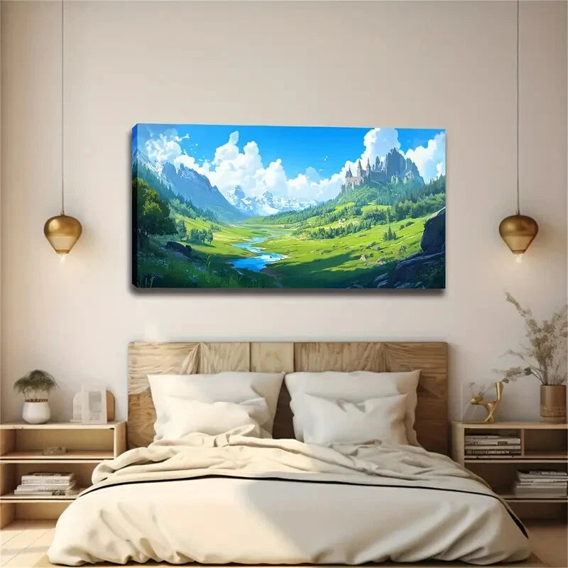 Serene Green Valley & River Wall Art canvas office home room framed 120x60cm - Bella Home Decor
