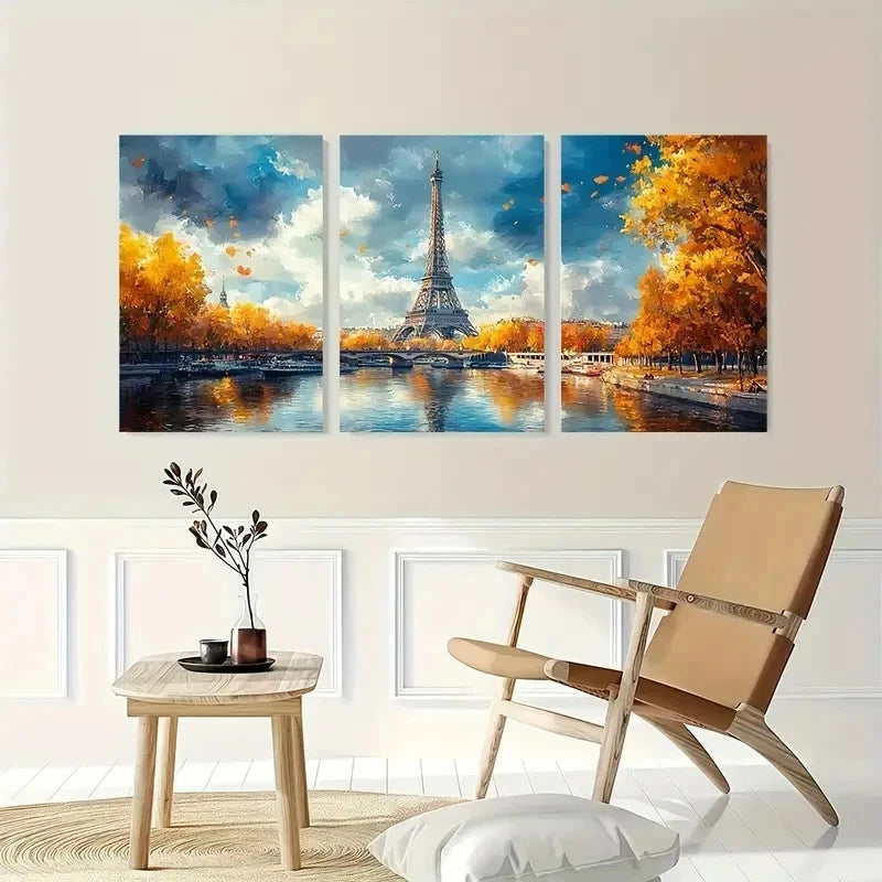 3pcs Paris Eiffel Tower Watercolor Seine Perfect Wall Art Set Canvas Framed 50x70cm - High Quality Print 100% Australian Made Wall Canvas Ready to Hang