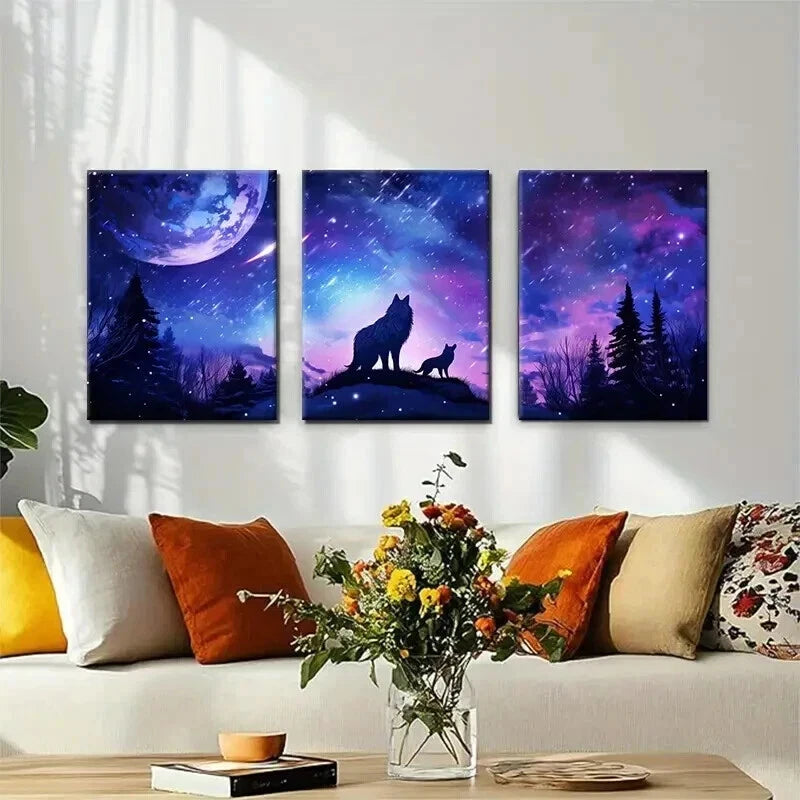 3pcs Wolf Moon Wolves Under Starry Night Perfect Wall Art Set Canvas Framed 60x90cm - High Quality Print 100% Australian Made Wall Canvas Ready to Hang - Bella Home Decor