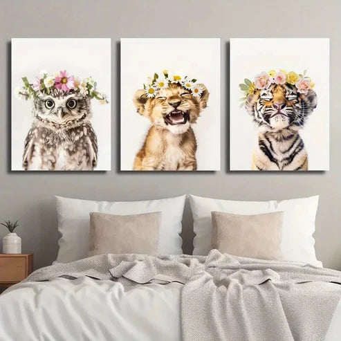 3pcs Adorable Animal Floral Crowns Perfect Wall Art Canvas Unframed - High Quality Print 100% Australian Made Wall Canvas - Bella Home Decor