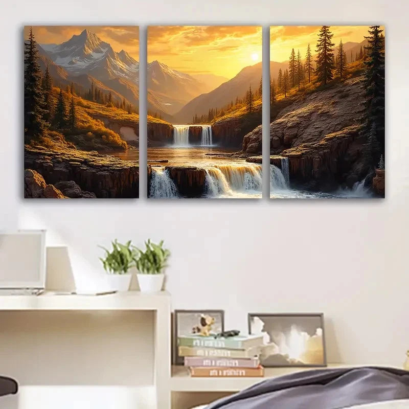 3pcs Majestic Waterfall And Mountain Landscape Wall Art Set Canvas Framed 50x70cm - High Quality Print 100% Australian Made Wall Canvas Ready to Hang
