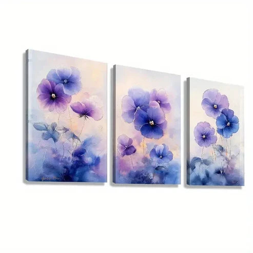 3pcs Pansies with Soft Hues of Lavender and Blue Art Set Canvas Unframed - High Quality Print 100% Australian Made Wall Canvas