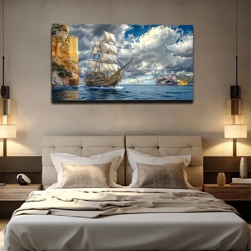 Opalescent Sails & Ocean Waves Wall Art Canvas Office Home Room Framed 120x60cm - Bella Home Decor