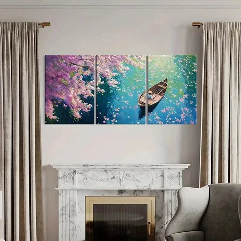 3pcs Blossom River Scene with Rowboat Wall Art Set Canvas Unframed - High Quality Print 100% Australian Made Wall Canvas - Bella Home Decor