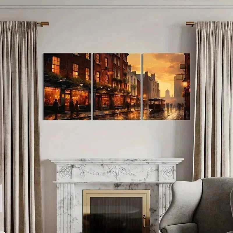 3pcs Retro Landscape Art Street Dusk Wall Art Set Canvas Framed 50x70cm - High Quality Print 100% Australian Made Wall Canvas Ready to Hang - Bella Home Decor