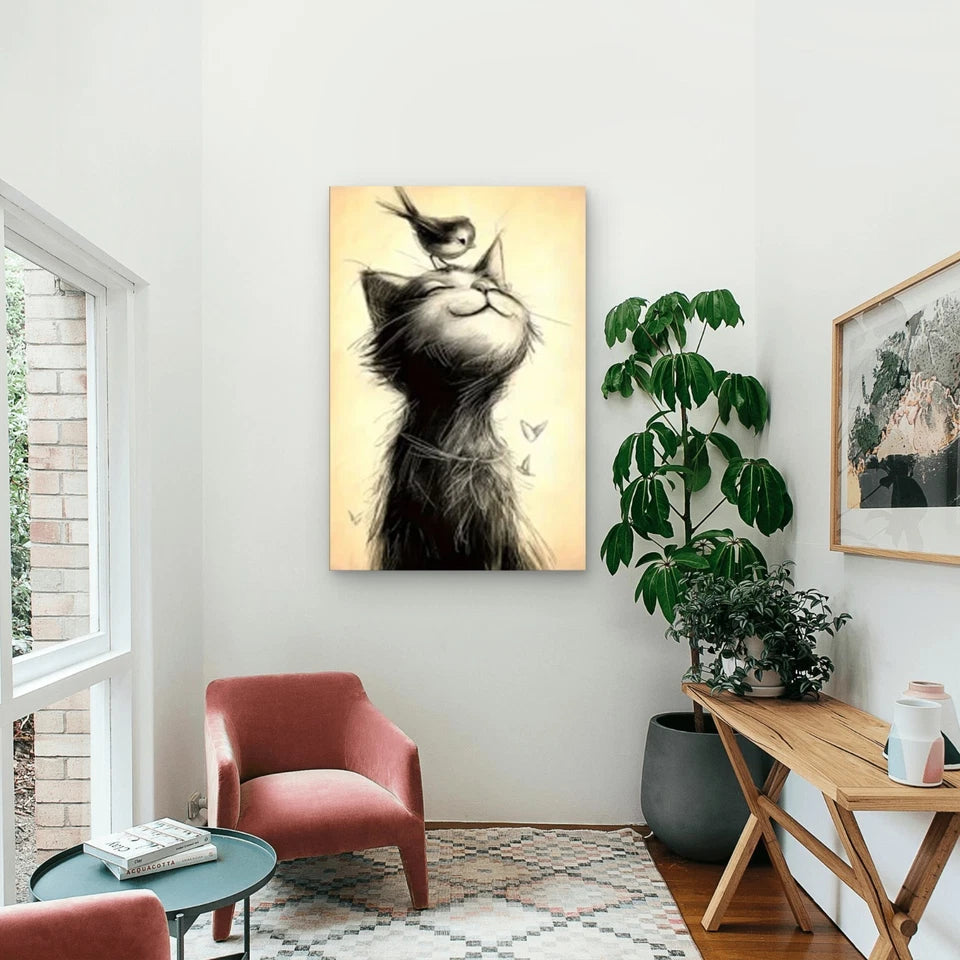 Sketch of a Smiling Cat with a Bird 40x60cm Metal Print Ready to Hang