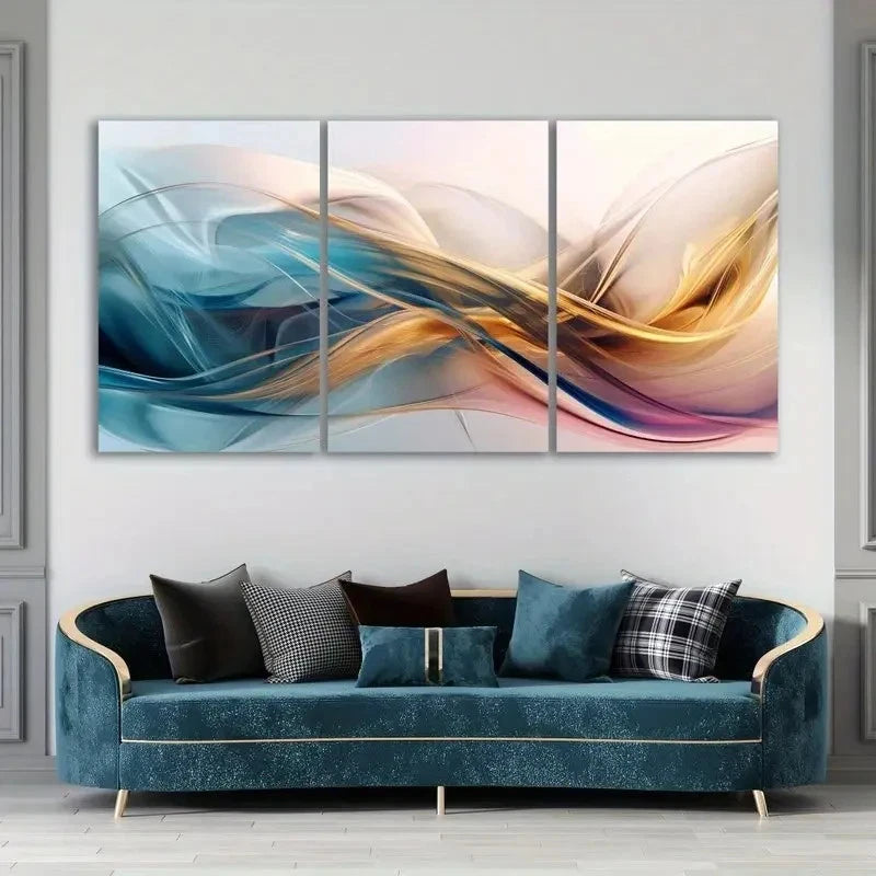 3pcs Abstract Wavy Multi-Panel Golden White Wall Art Canvas Framed 60x90cm - High Quality Print 100% Australian Made Wall Canvas Ready to Hang - Bella Home Decor