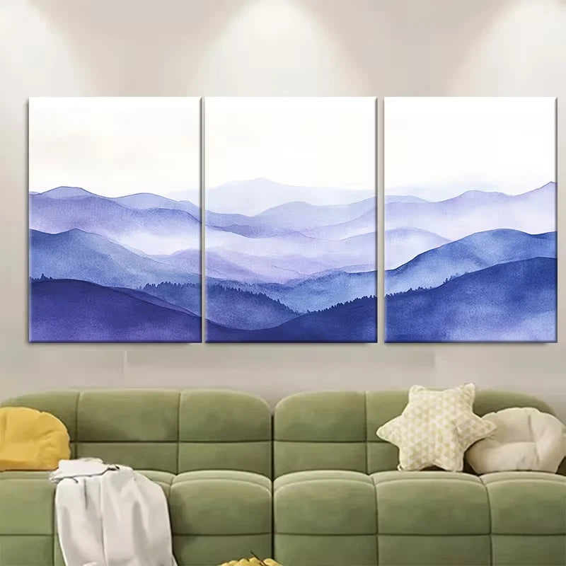 3pcs Gentle Blue Purple Mountain Watercolor Metal Print Ready to Hang Art