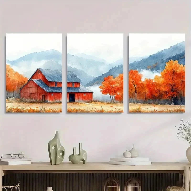 3pcs Orange Fall Leaves & Misty Blue Perfect Wall Art Set Canvas Framed 50x70cm - High Quality Print 100% Australian Made Wall Canvas Ready to Hang - Bella Home Decor