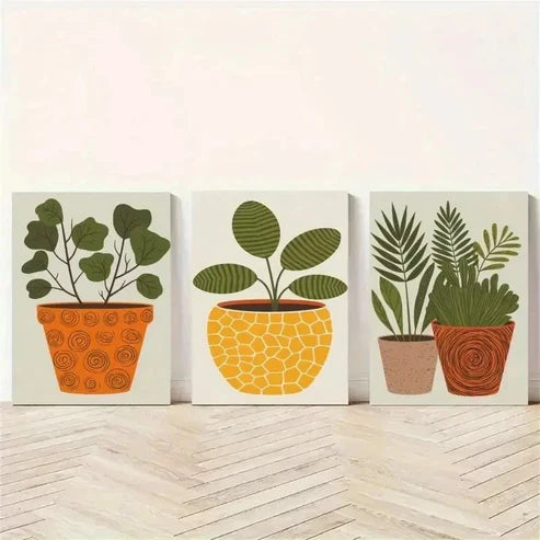 3pcs Green Leaves in Orange, Yellow & Brown Pot Wall Art Canvas Unframed - High Quality Print 100% Australian Made Wall Canvas