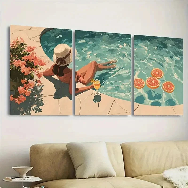 3pcs Poolside Girl Cocktail Fruit Greece Wall Art Set Canvas Framed 40x60cm - High Quality Print 100% Australian Made Wall Canvas Ready to Hang