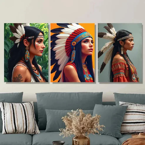 3pcs Native American Themes Girl Wall Art Set Canvas Unframed - High Quality Print 100% Australian Made Wall Canvas