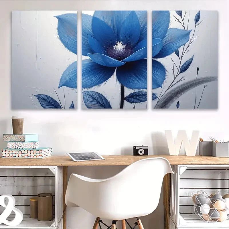3pcs Blue Flower Artwork Wall Art Set Canvas Framed 50x70cm - High Quality Print 100% Australian Made Wall Canvas Ready to Hang - Bella Home Decor