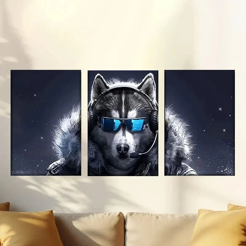 3pcs dog wearing helmet and Fashion Glasses Wall Art Set Canvas Framed 60x90cm - High Quality Print 100% Australian Made Wall Canvas Ready to Hang - Bella Home Decor