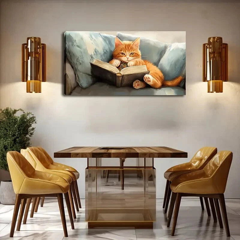 Orange Cat On Book Abstract Wall Art Canvas Office Home Room Framed 120x60cm - Bella Home Decor