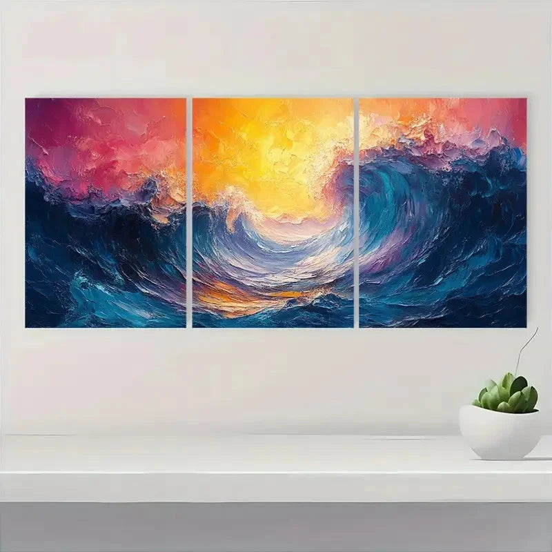 3pcs Vibrant Abstract Wave & Sunset Ocean SO Wall Art Set Canvas Framed 50x70cm - High Quality Print 100% Australian Made Wall Canvas Ready to Hang