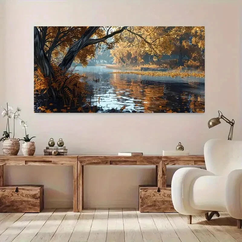 Autumn River Golden Leaf wall canvas office home room framed 120x60cm - Bella Home Decor