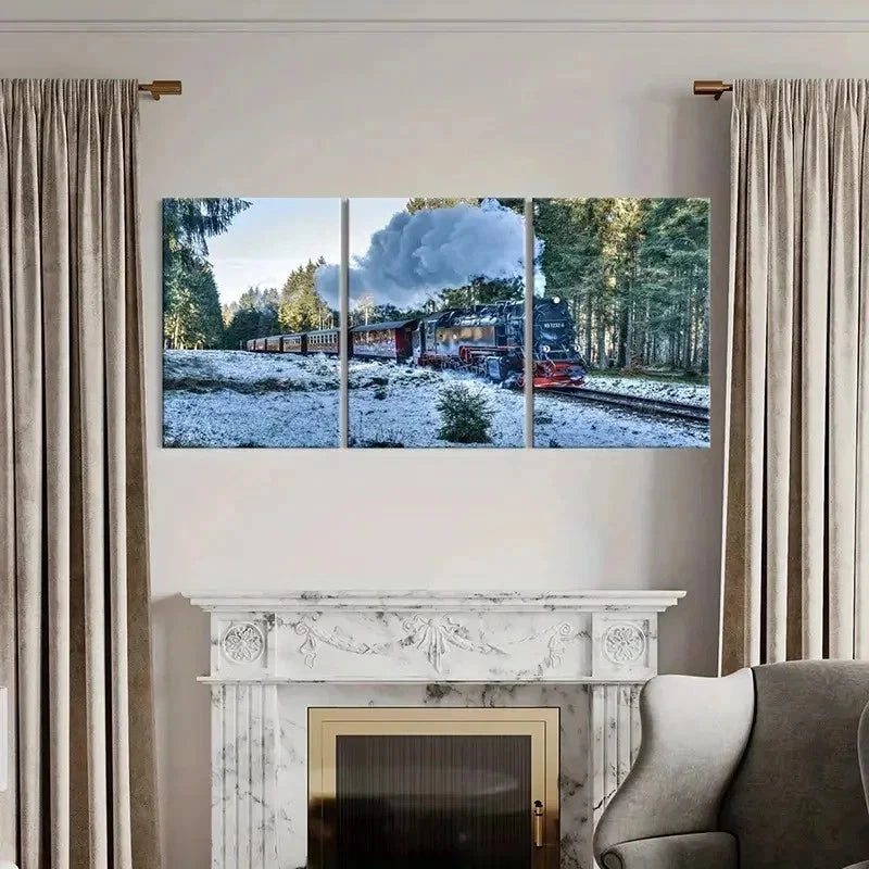 3pcs Snowy Forest & Steam Train Landscape Wall Art Set Canvas Framed 60x90cm - High Quality Print 100% Australian Made Wall Canvas Ready to Hang