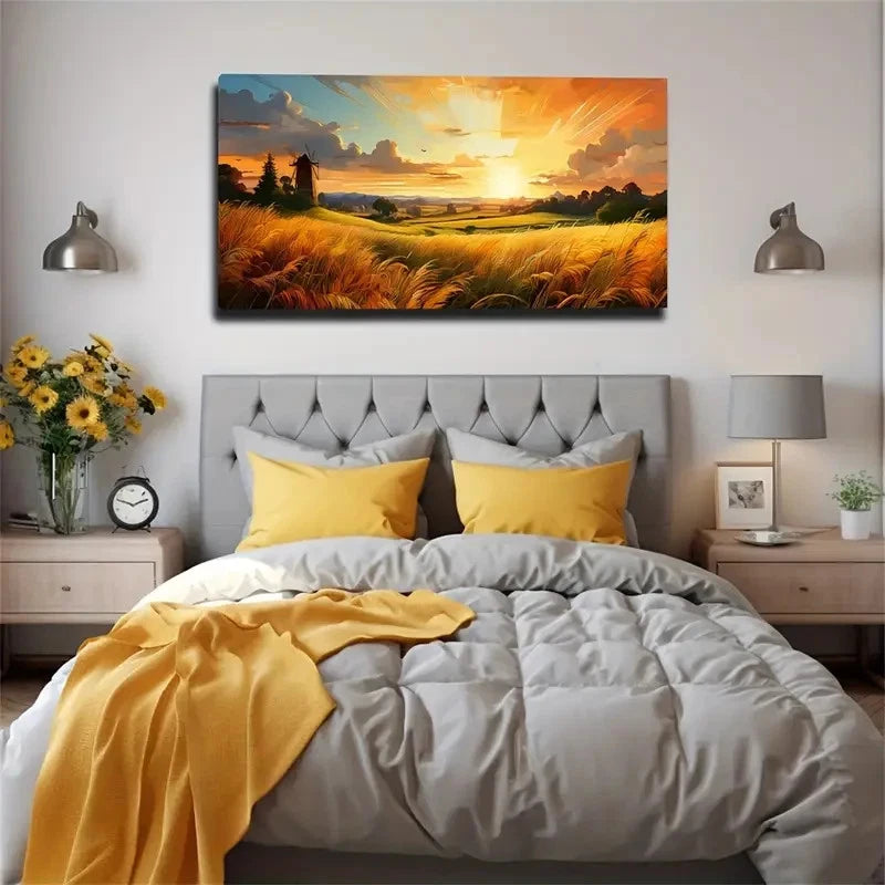 Vibrant Sunset Landscape Field Wall Art Canvas Office Home Room Framed 120x60cm