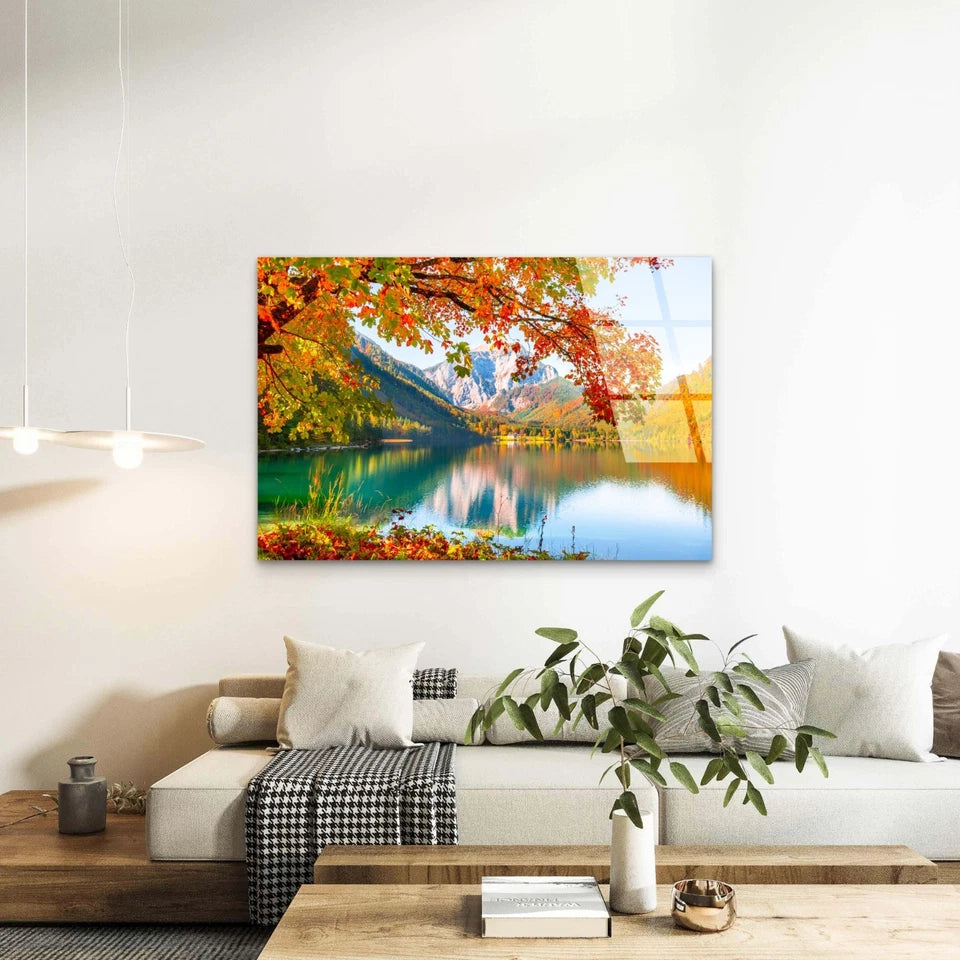 Autumn Alpine Lake Mountain Landscape Acrylic Glass Printing Wall Art Australian Made Quality